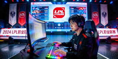 电竞LPL赛事新闻 - 电竞选手在比赛舞台上专注操作电脑